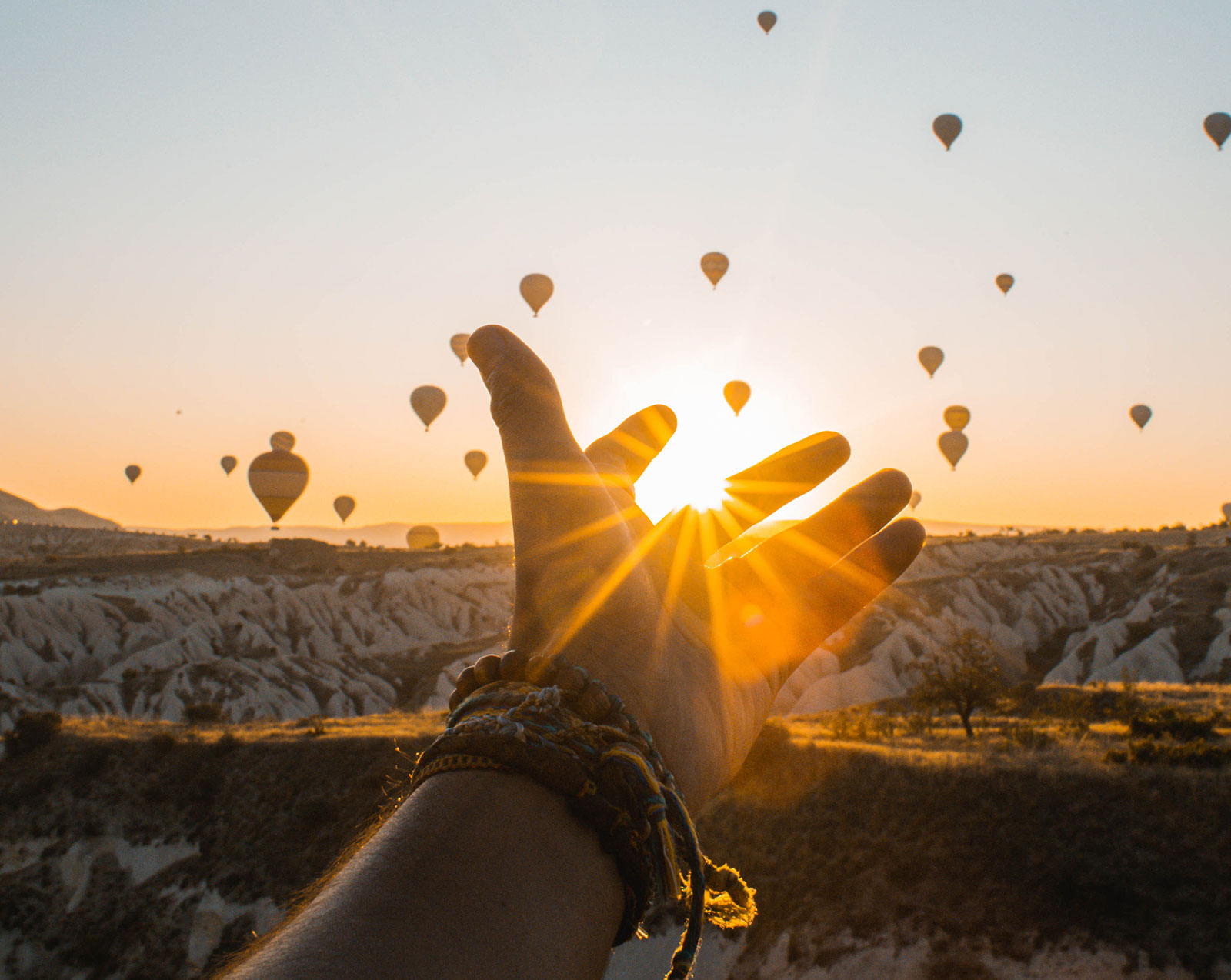 hot air balloons at sunrise